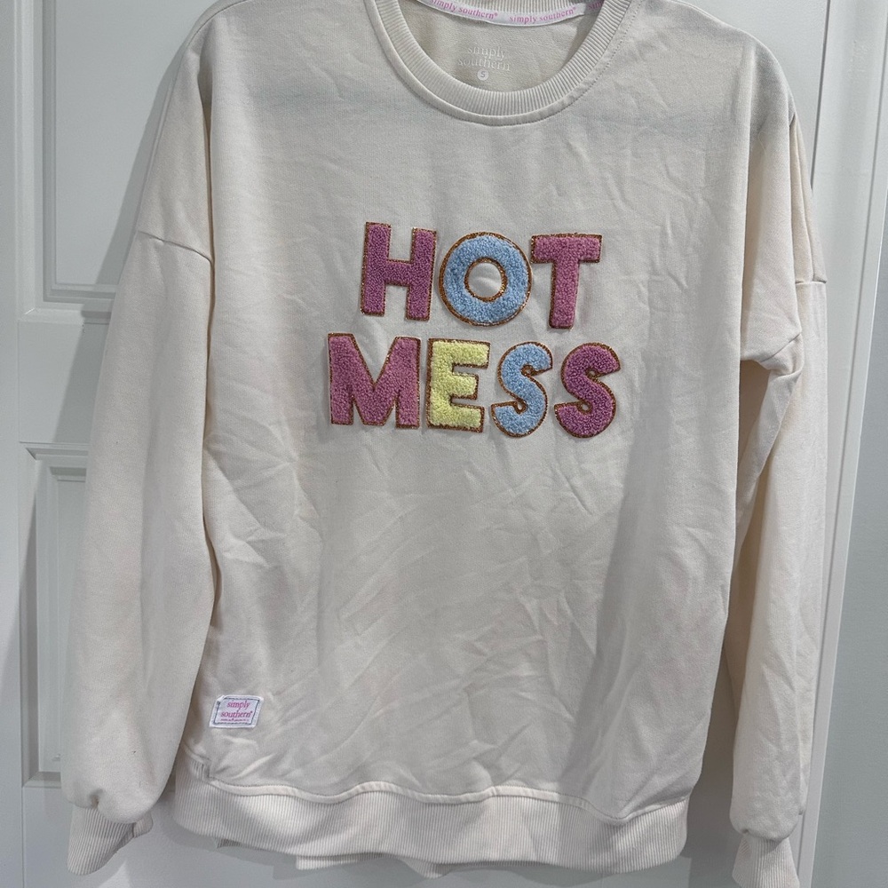 Cream Sweatshirt with Colorful 'Hot Mess' Design